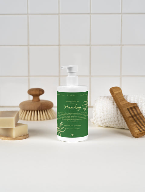 Front view of Sensitive Skin Face & Body Cleanser packaging highlighting a mild cleansing formula